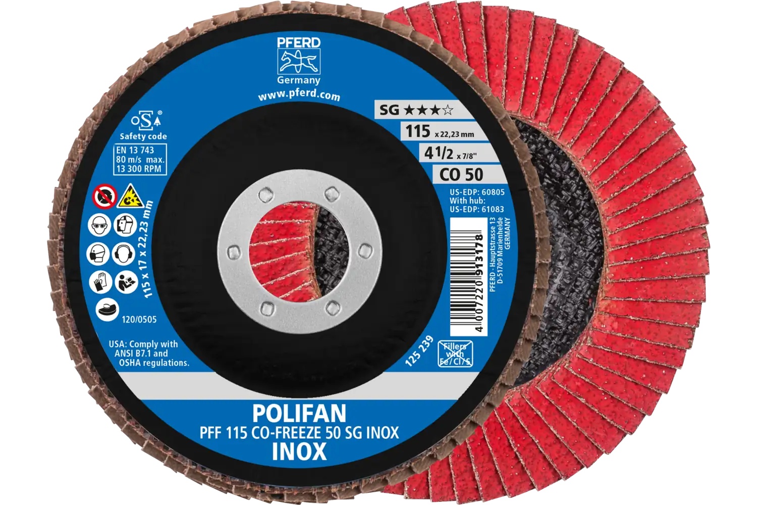 Picture of Pferd Flap Disc, 4-1/2" x 7/8, CO-Freeze SG Inox, 50 Grit, T27, Flat, Ceramic